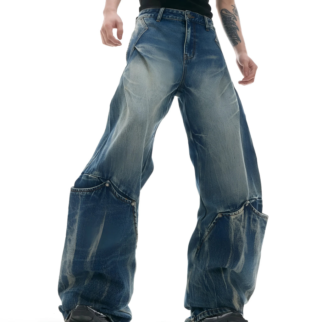 Men's retro washed burst pattern jeans with curved knife details in verdant blue colour