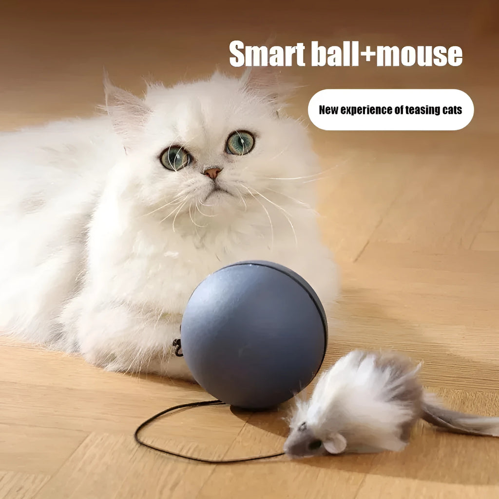 Automatic rolling cat toy with plush mouse on a hard floor