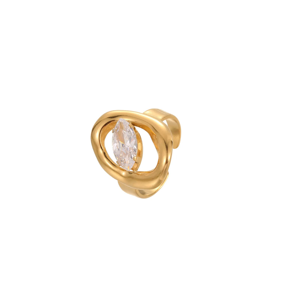 Geometric stainless steel zircon ring with open mouth design on a hand.