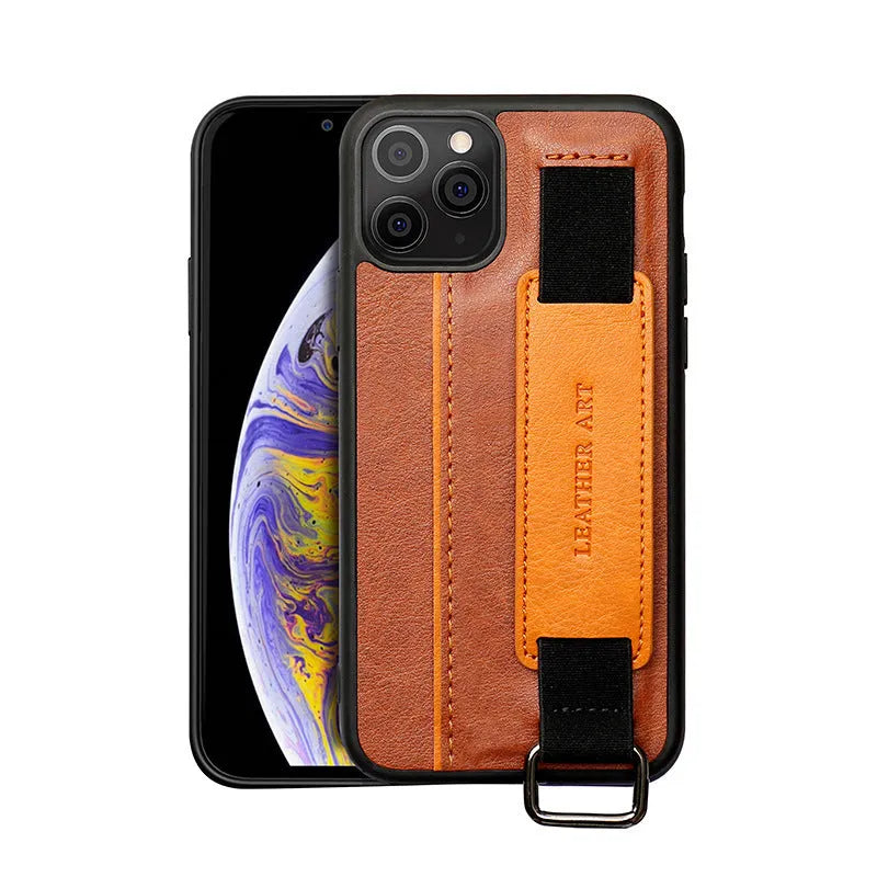 Imitation leather phone case with wristband and adjustable bracket in brown colour for iPhone
