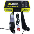 Pair of spoiler-shaped motorcycle rearview mirrors with yellow LED lights and convex lenses.