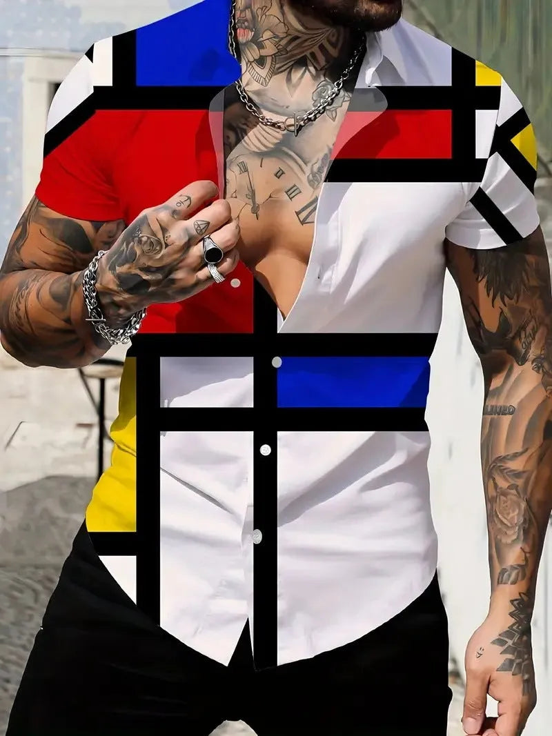 Men's geometric line print lapel short sleeve shirt in slim fit polyester fabric