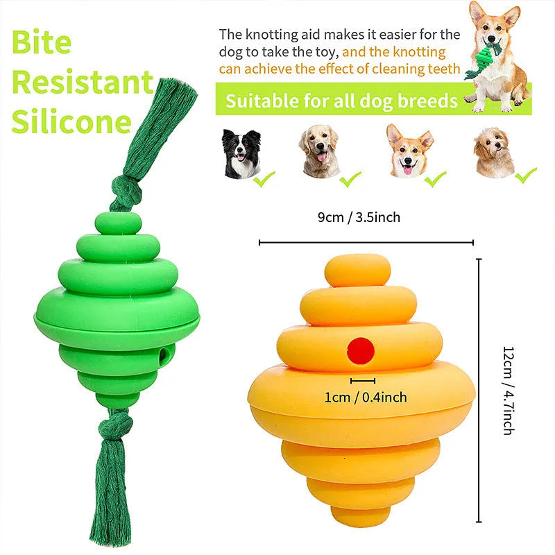 Green and yellow dog ball with attached rope for interactive play and food dispensing