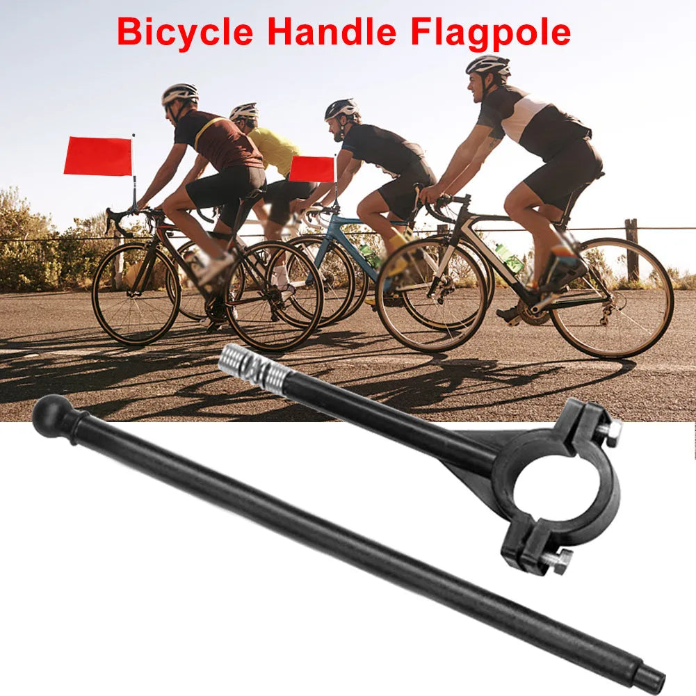 Square polyester cycling flag mounted on plastic handlebar pole for bicycle safety signals