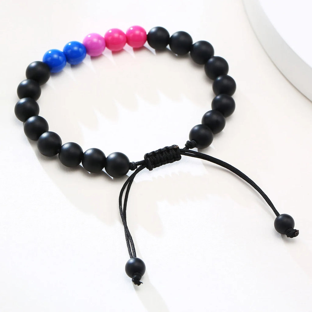 Polished black agate and acrylic beaded bracelet with 8mm beads and letter detailing