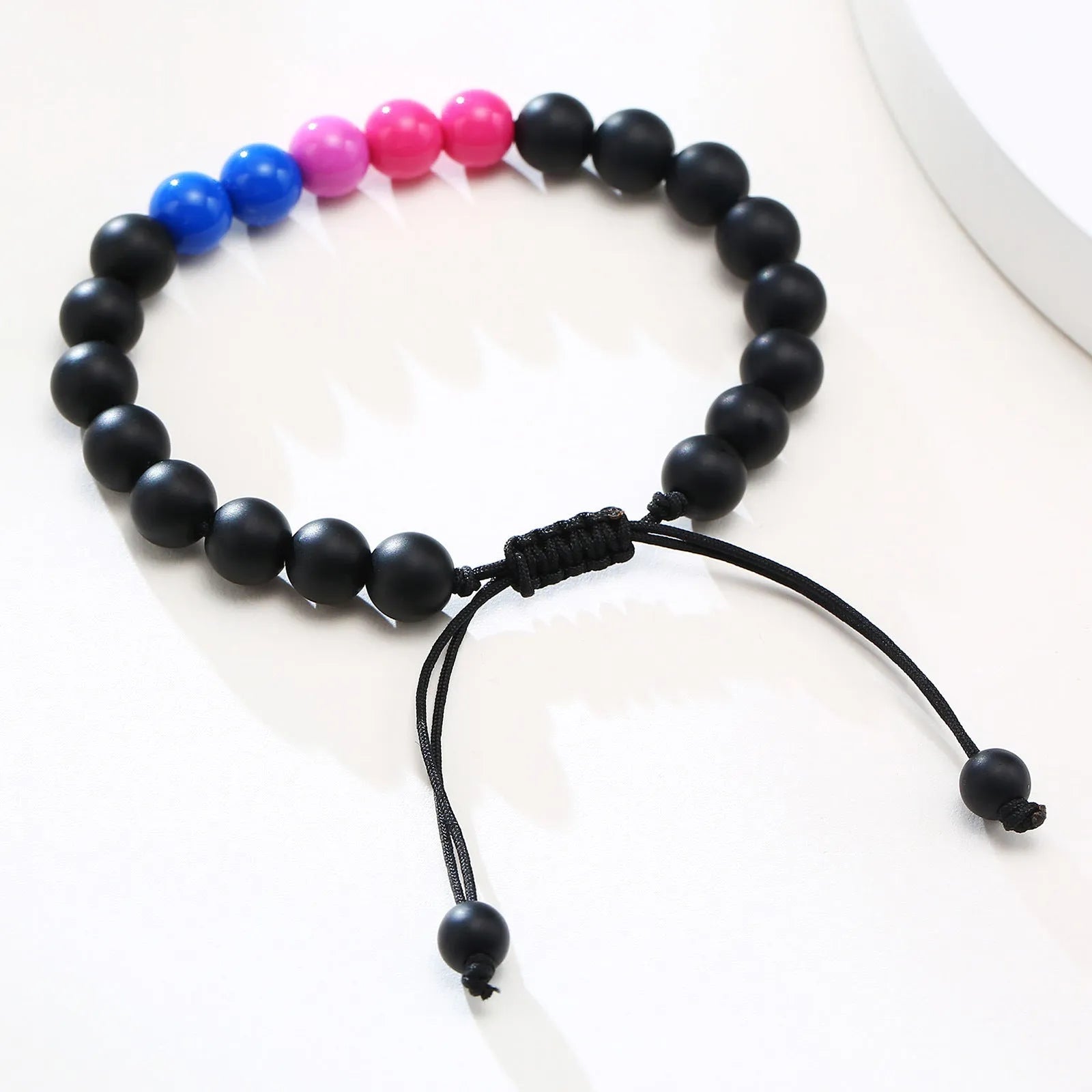 Polished black agate and acrylic beaded bracelet with 8mm beads and letter detailing