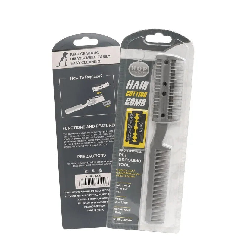 Plastic pet grooming comb for dogs with free replacement blade in blister packaging