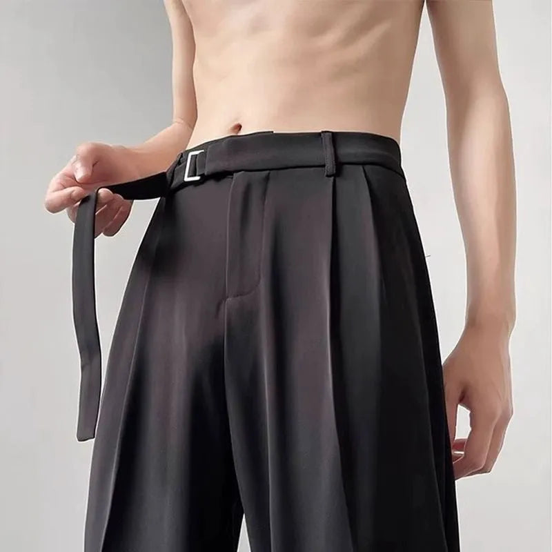 Thin straight wide leg trousers in black chemical fibre blend fabric with non-ironing feature