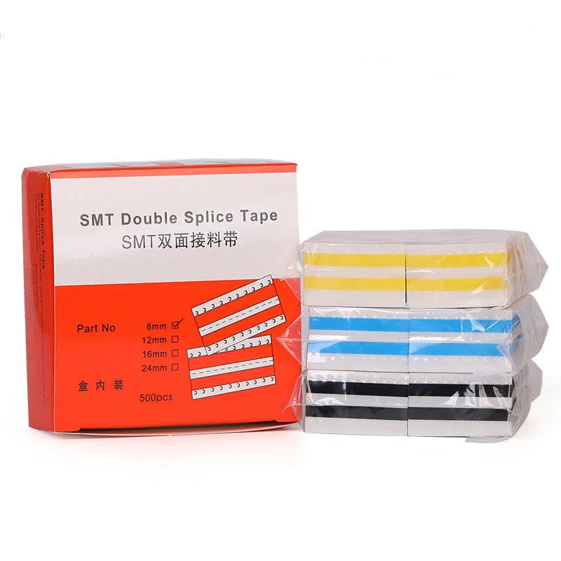 Rolls of SMT double-sided splicing tape in yellow, blue, black, and gum colours for placement machines.