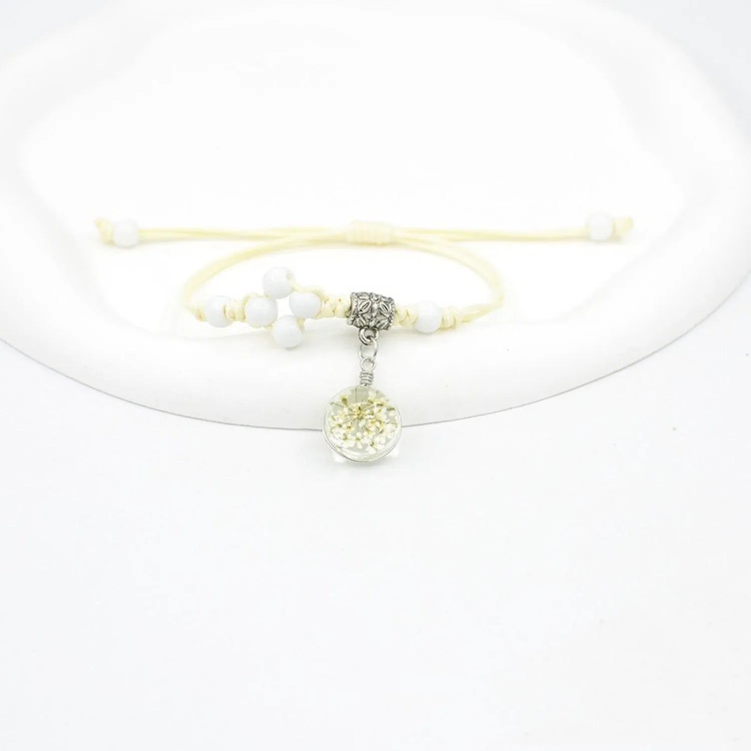 Hand-woven glass bracelet with real dried flowers inside large 1.4cm colored beads for women