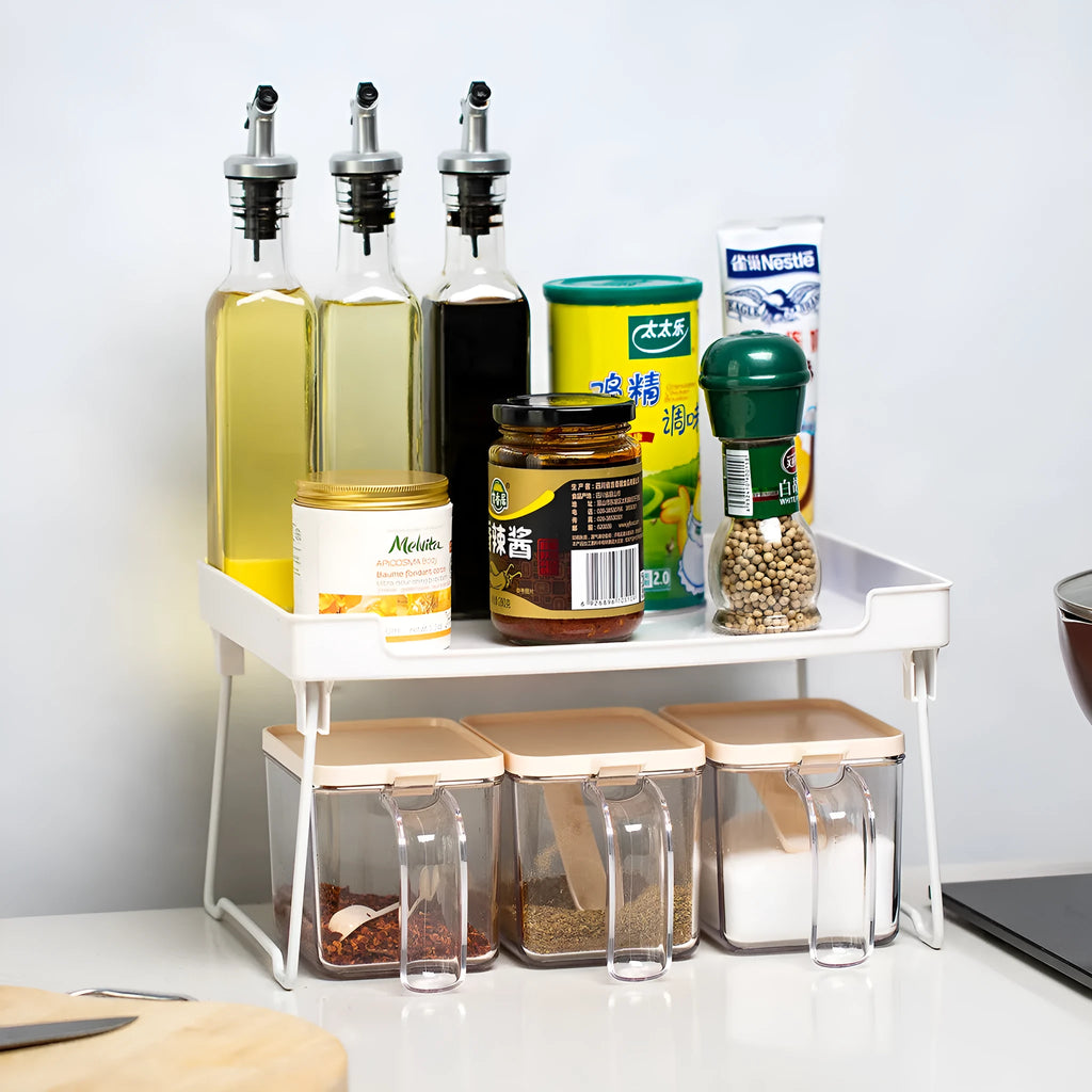 Transparent or white plastic kitchen supplies rack for desktop or cupboard storage organisation