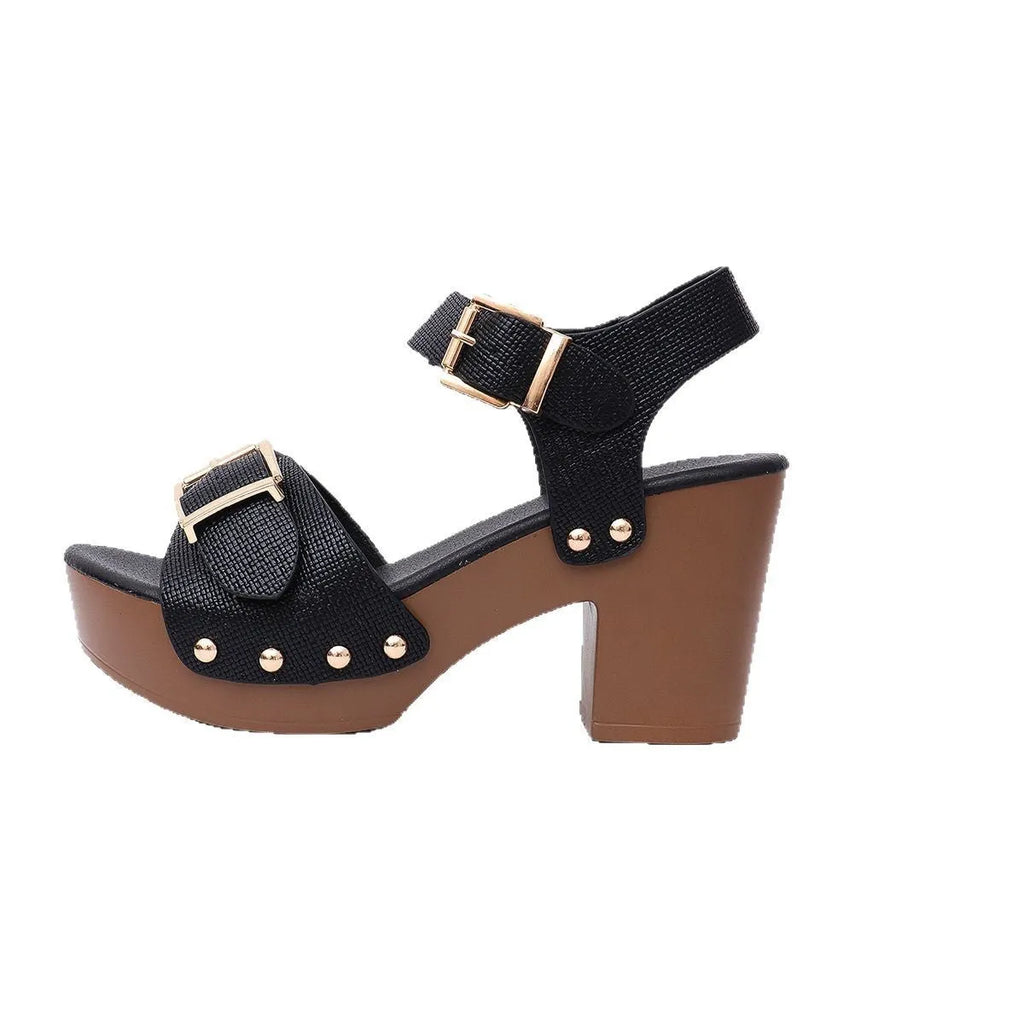 Plus size women's black buckle platform sandals with a chunky block heel and rubber sole.