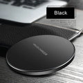 Black square ultra-thin wireless charging pad for smartphones with fast 9V Qi charging.