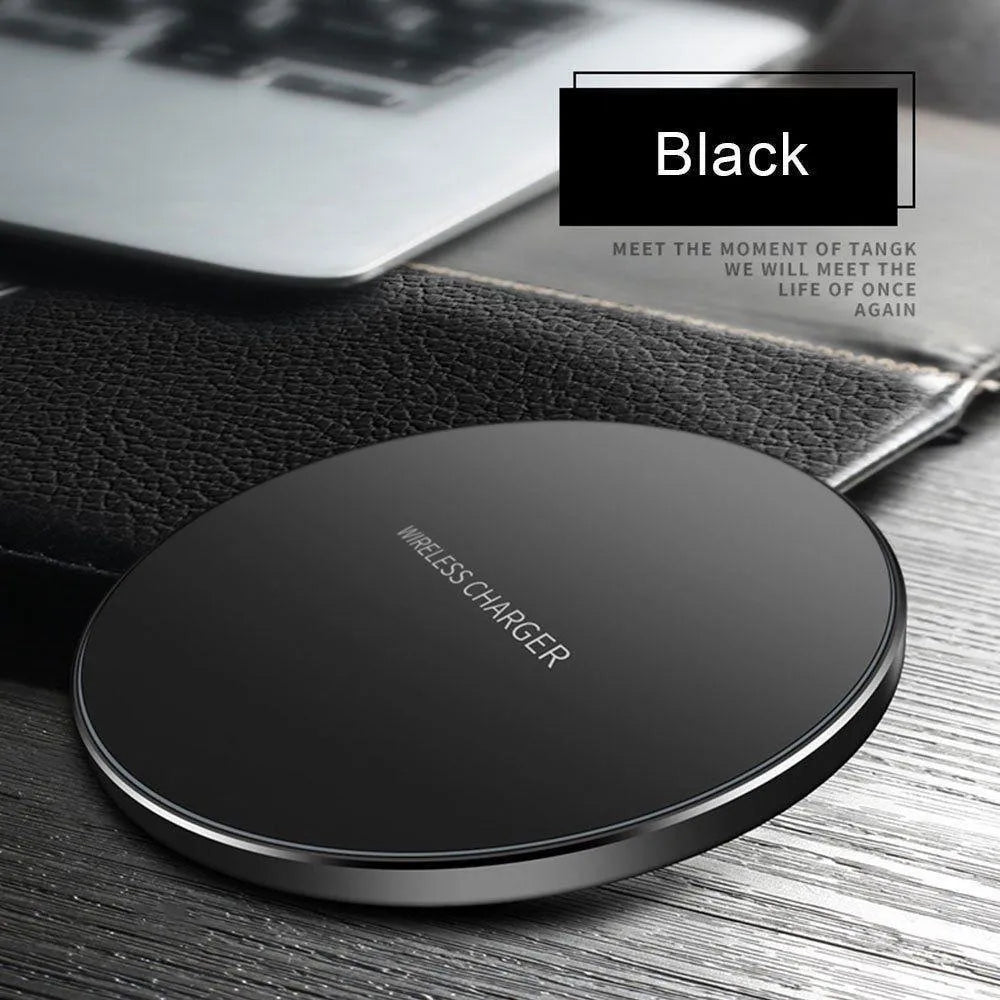 Black square ultra-thin wireless charging pad for smartphones with fast 9V Qi charging.