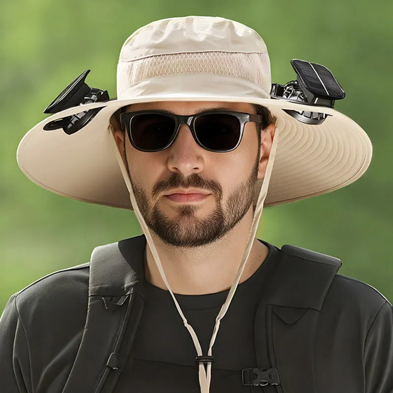 Men's grey solar-powered fan hat with integrated cooling fan and wide brim for sun protection.