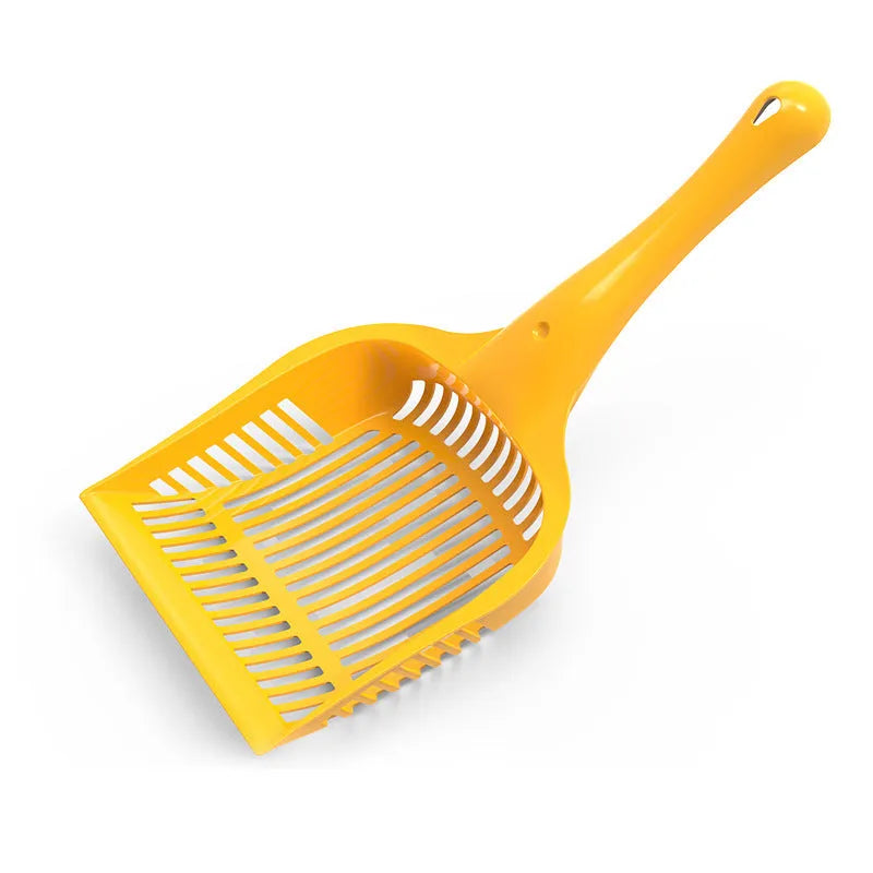 Plastic cat litter scoop in red, yellow and blue colours showing small and medium size options