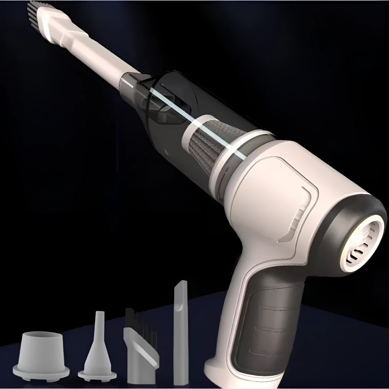 Wireless car vacuum cleaner in gold or silver with 200ml dust bucket, measuring 165x140x90mm