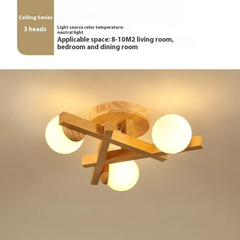 Nordic wooden style ceiling lamp with three adjustable light heads