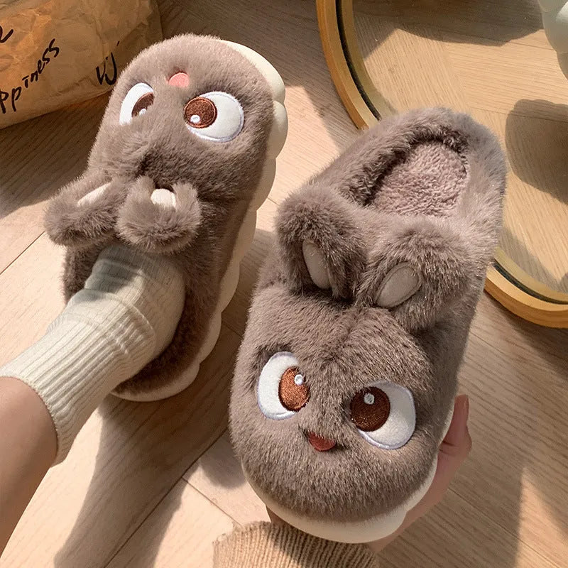 Female cartoon ankle wrap thermal cotton slippers in pink, blue, and gray options with suede upper and non-slip PVC sole