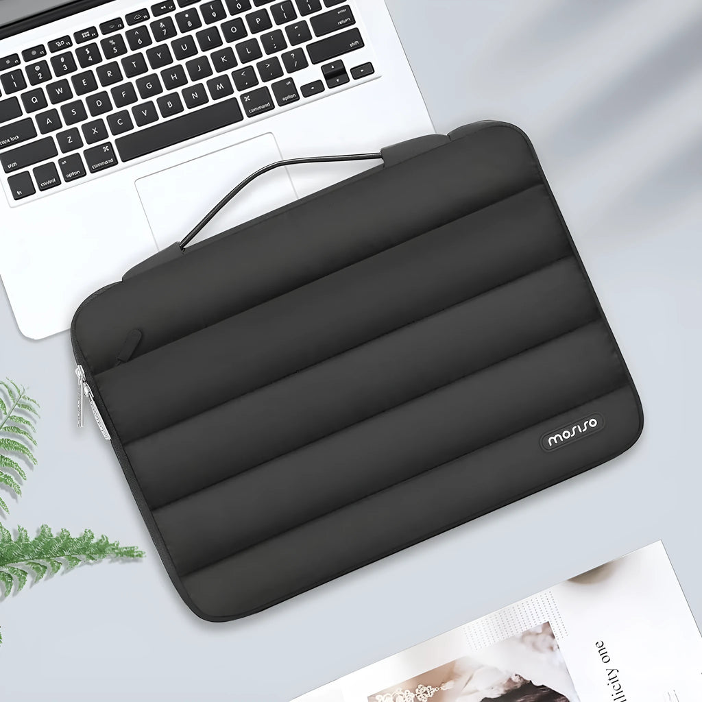 Velvet waterproof laptop bag in black showing plaid design and cotton down shrink storage compartment