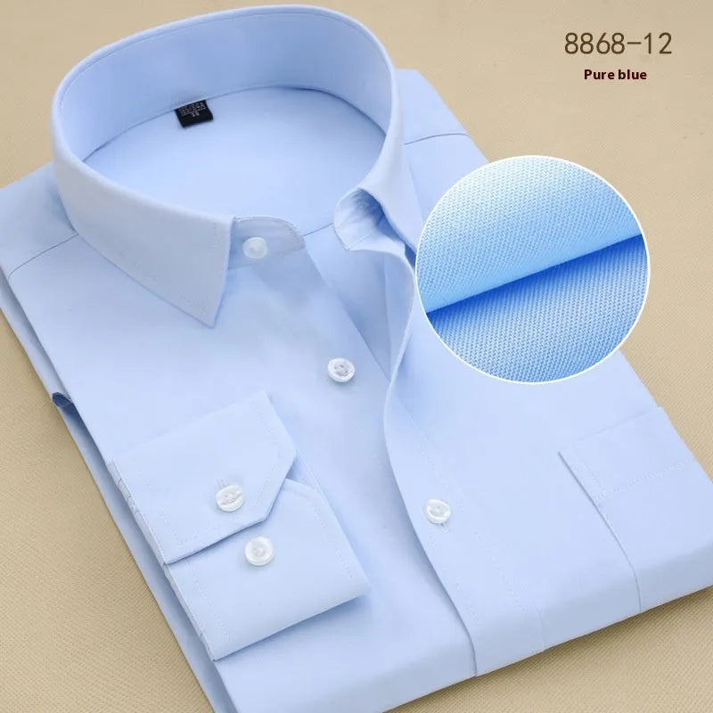 Men's black long sleeve cotton business shirt with a regular slim fit on a hanger.