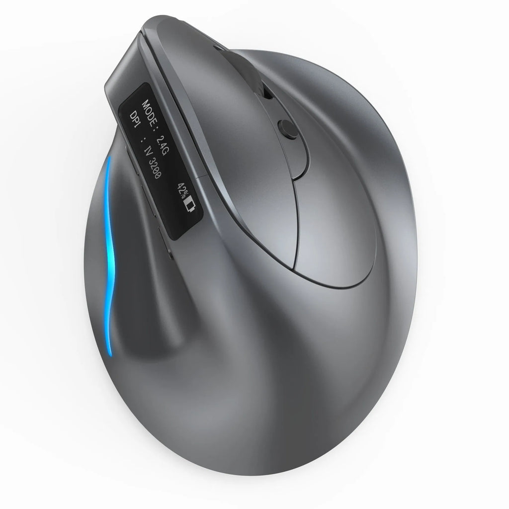 Grey ergonomic vertical wireless mouse with Bluetooth and dual charging.