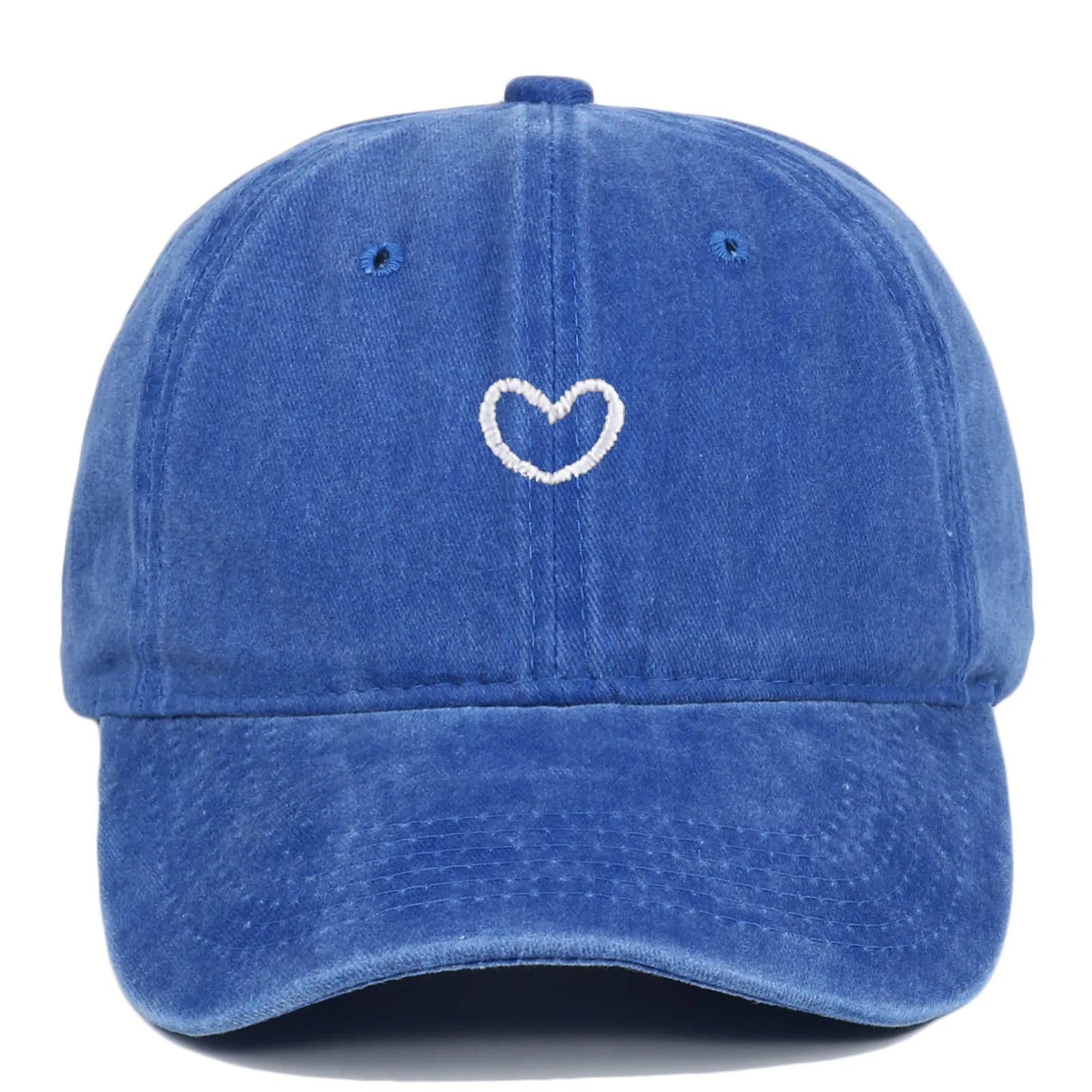 Retro style baseball cap with small love embroidery on cotton fabric in an adjustable dome crown design.