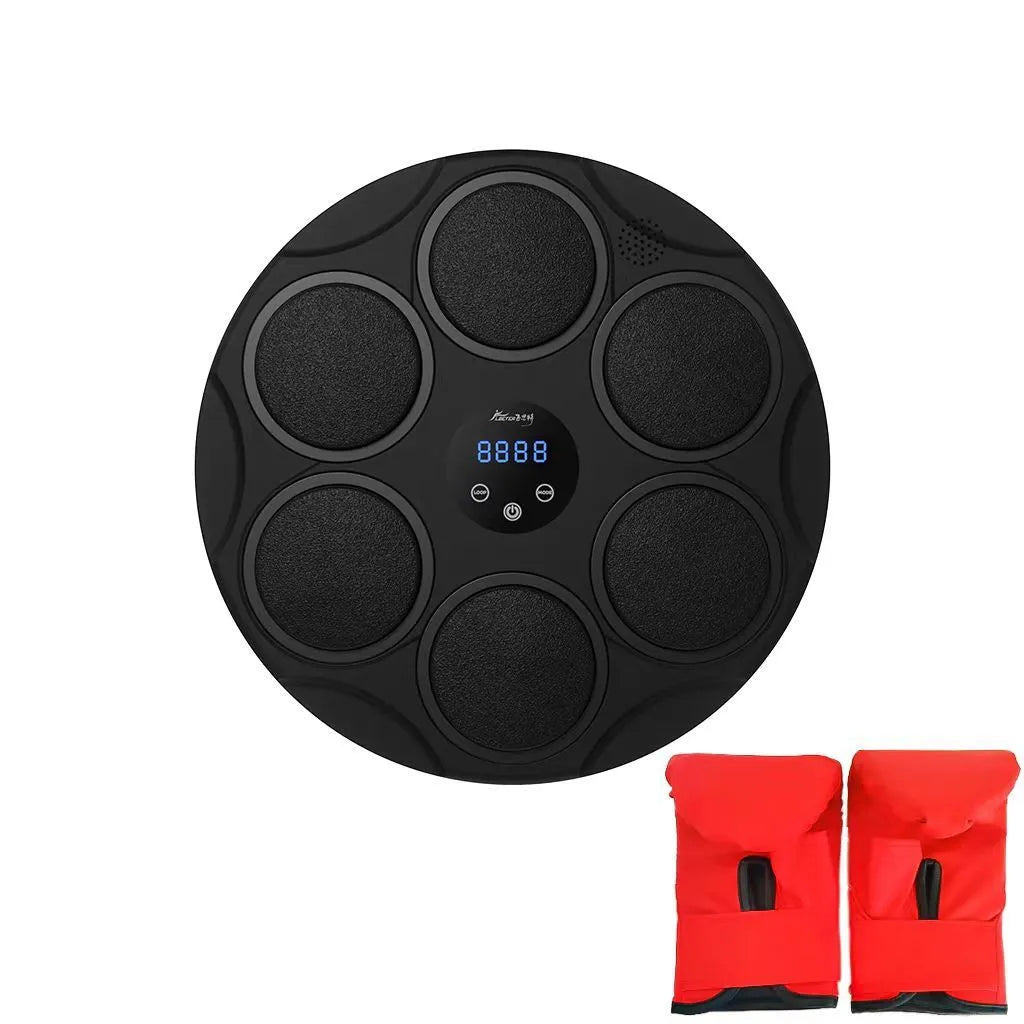 Black wall-mounted smart boxing target with coloured lights and Bluetooth for music fitness training.