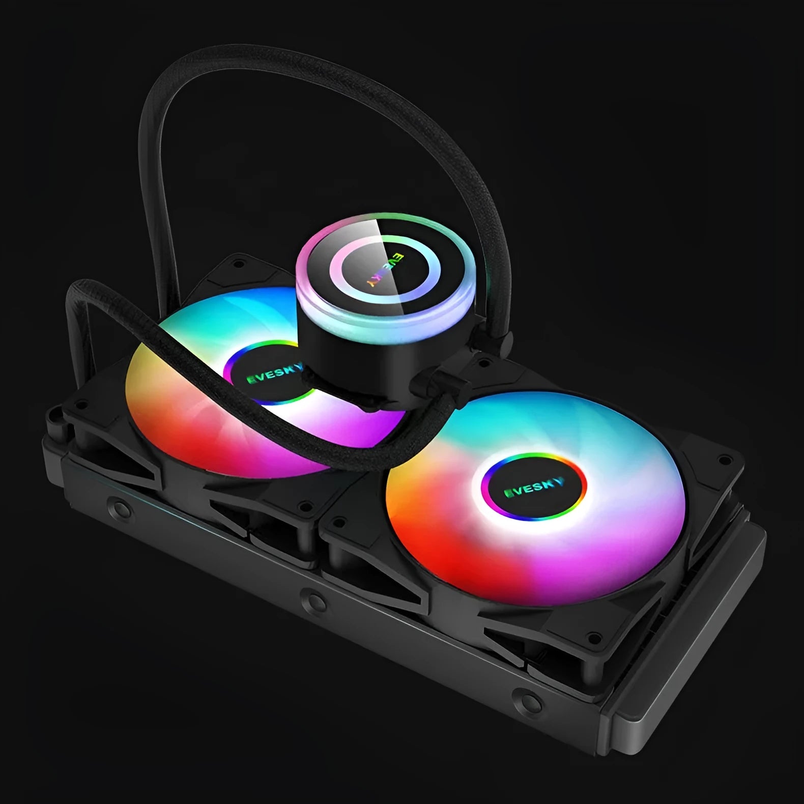 CPU liquid cooling radiator and fan with aluminium fins and optional RGB lighting.
