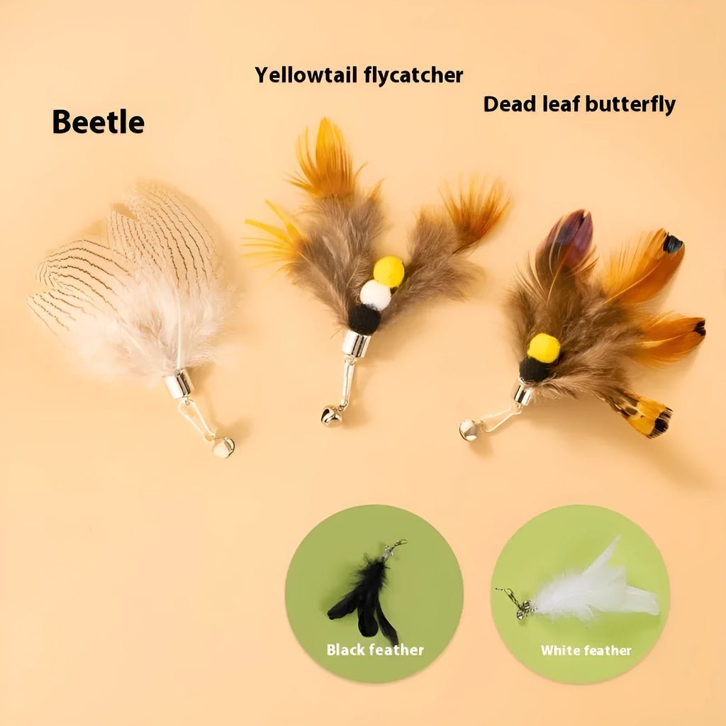 Three steel wire cat toy replacement heads with flying insect designs in distinct colour combinations