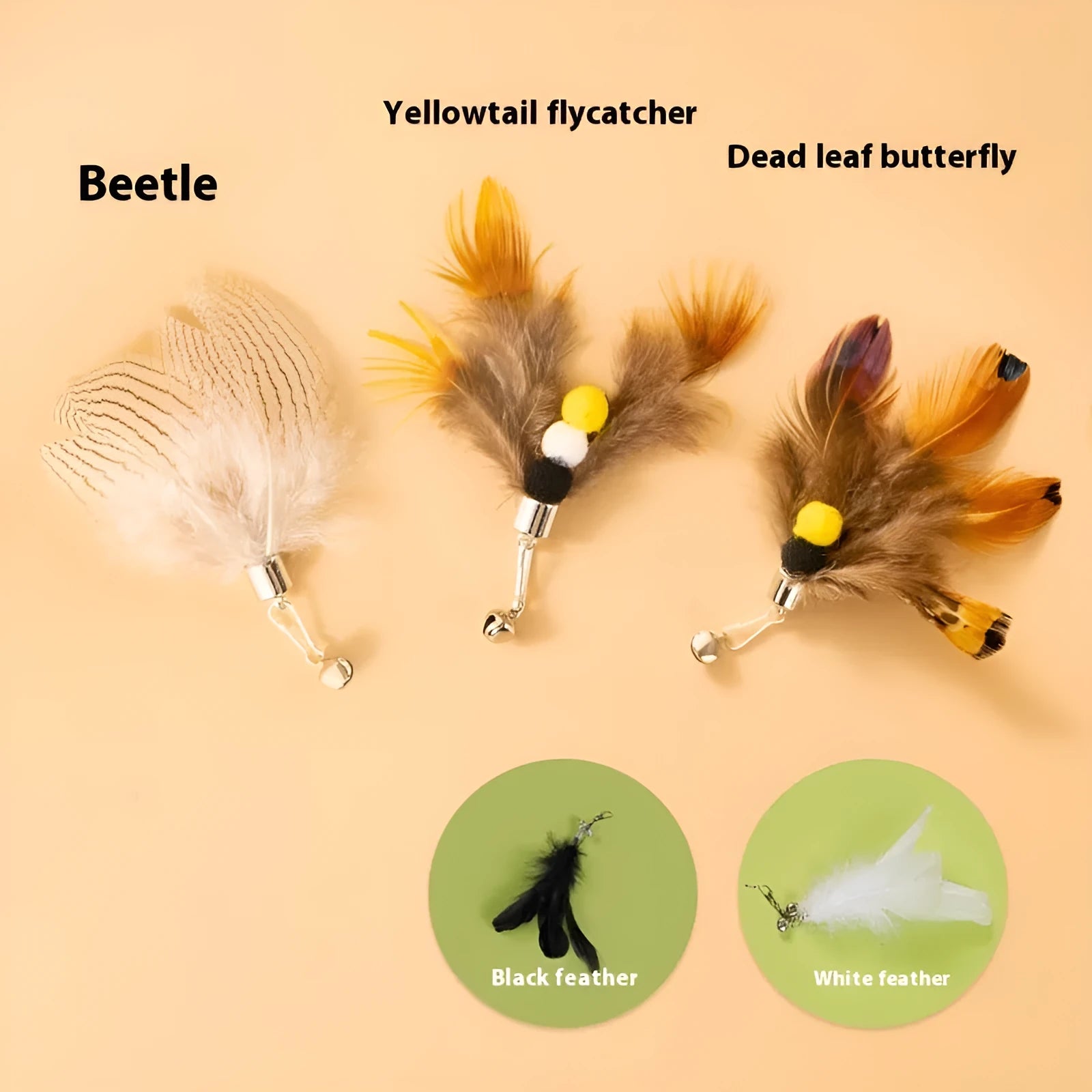 Three steel wire cat toy replacement heads with flying insect designs in distinct colour combinations