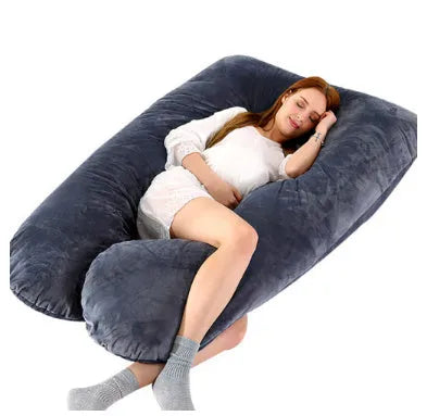 Large U-shaped pregnancy support pillow with removable cover in choice of fabrics.