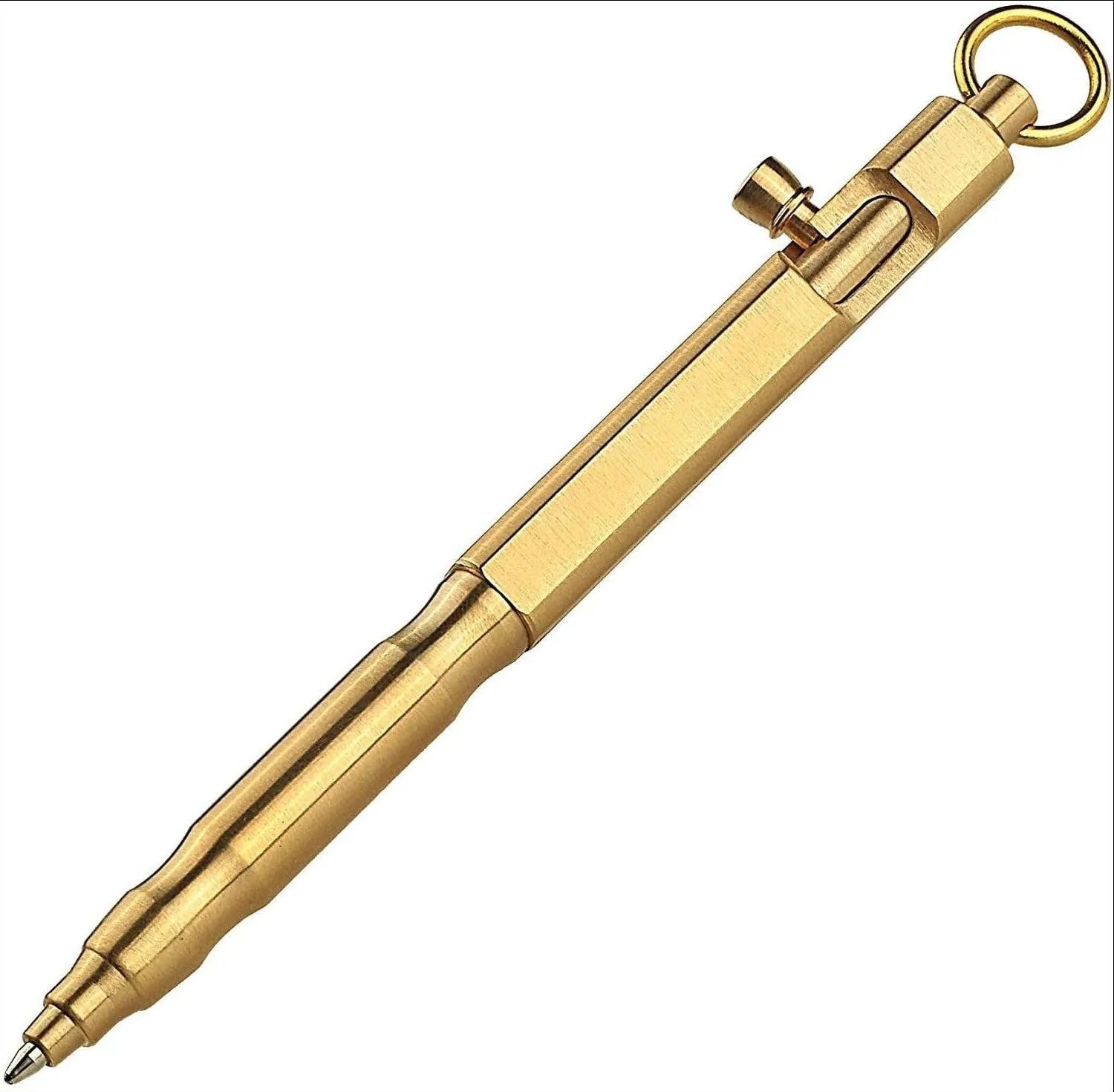 Solid brass hexagonal bolt tactical pen in brass and black finishes, showing machining detail.