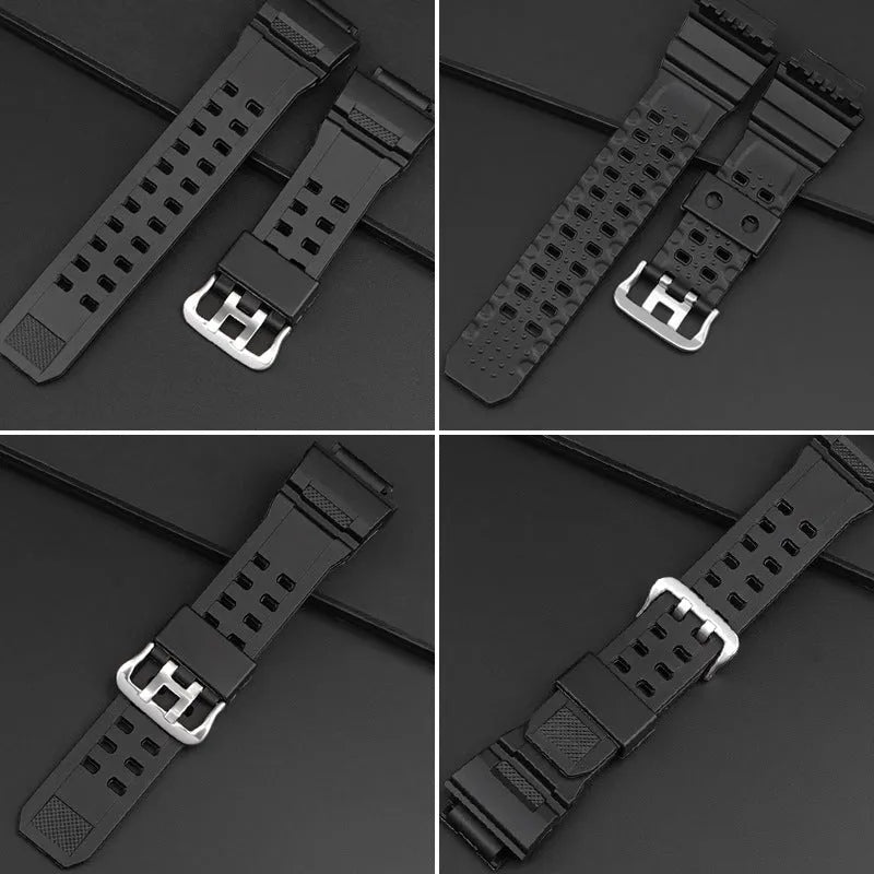 Camouflage patterned TPU resin watch strap with silver buckle on a grey background