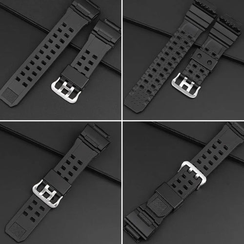 Camouflage patterned TPU resin watch strap with silver buckle on a grey background