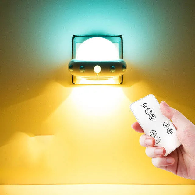 Remote control UFO cartoon bedside night light in blue, pink, or white colour options
