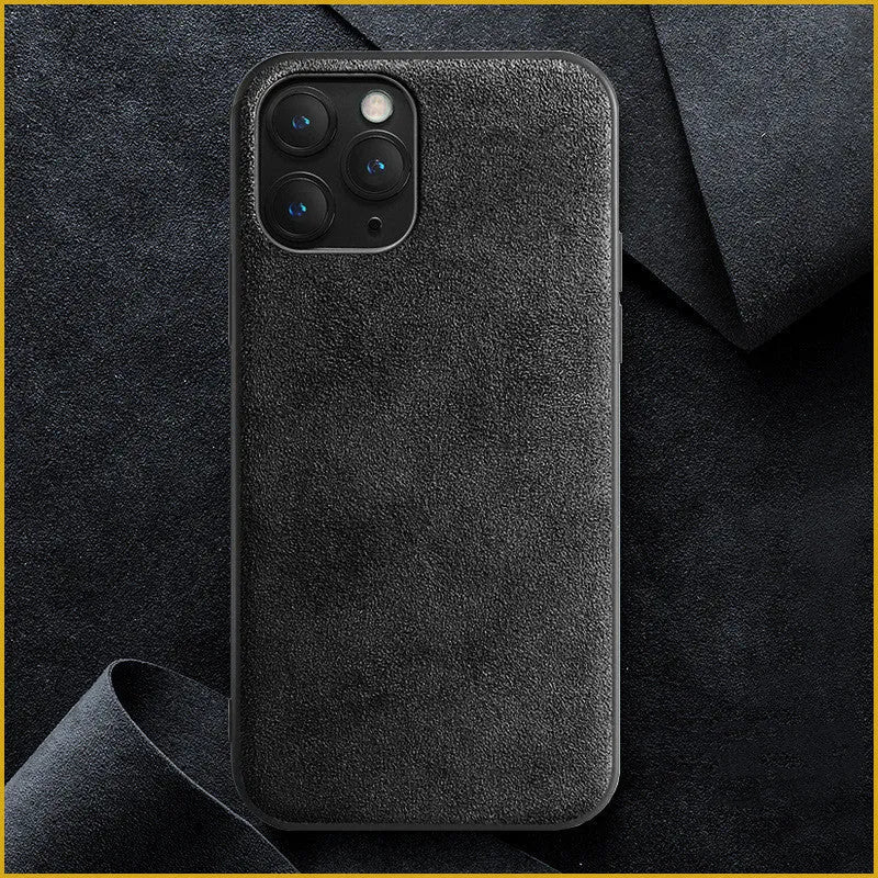 Suede full-cover iPhone back case shown in dark blue, dark night green, and elegant black colours.