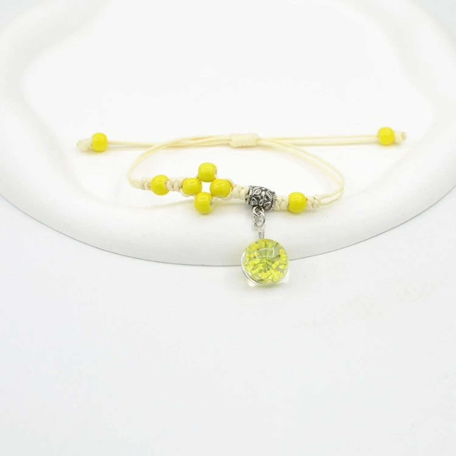 Hand-woven glass bracelet with real dried flowers inside large 1.4cm colored beads for women