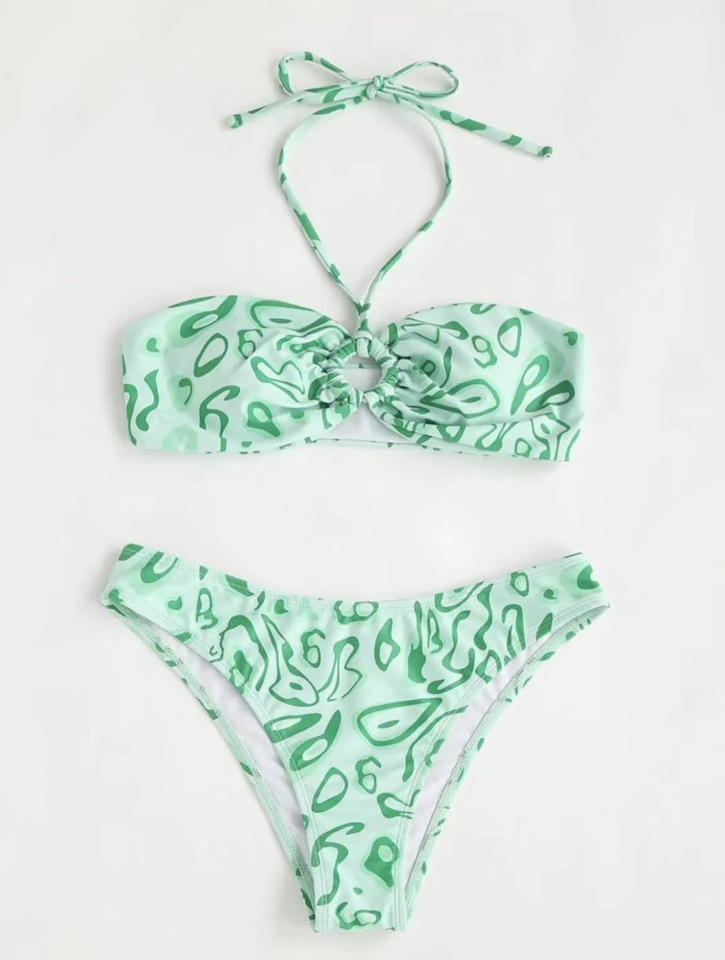 Blue floral bandeau bikini swimsuit with split high-cut legs and adjustable triangle top