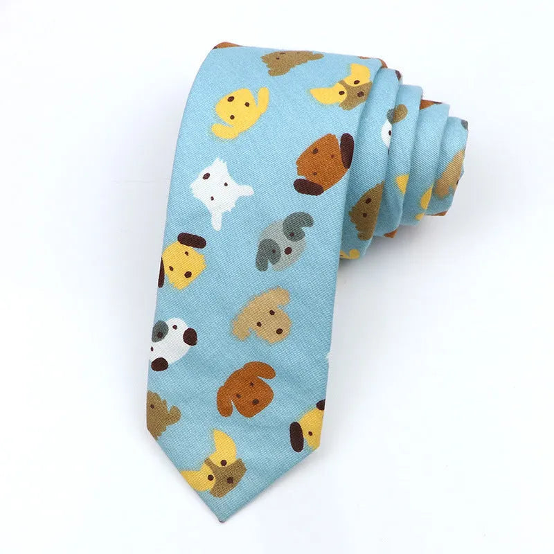 Korean style narrow men's cotton bow tie with a printed cartoon pattern in a selected colour.