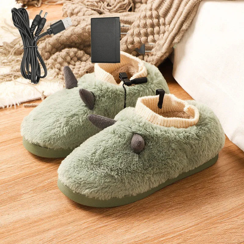 USB electric heating slippers in velvet, showing USB cable connection and adjustable temperature control.