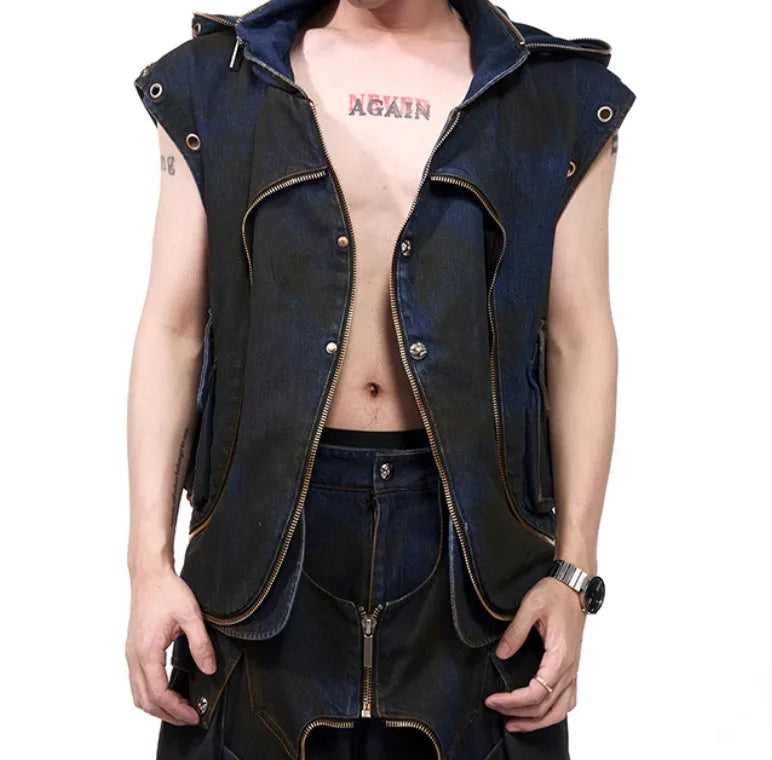 Blue polyester Korean style hooded denim vest coat with matching trousers two-piece set