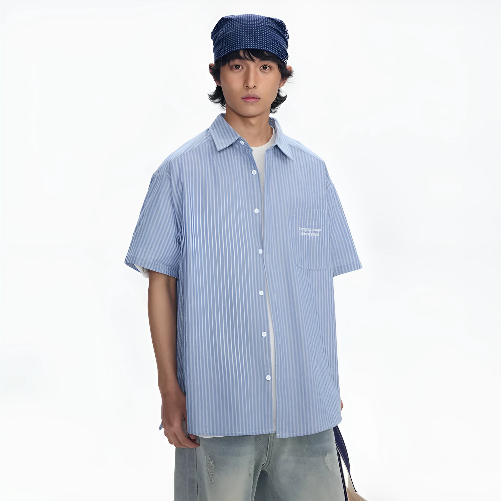 Blue striped short-sleeved overalls shirt cardigan loose fit on hanger