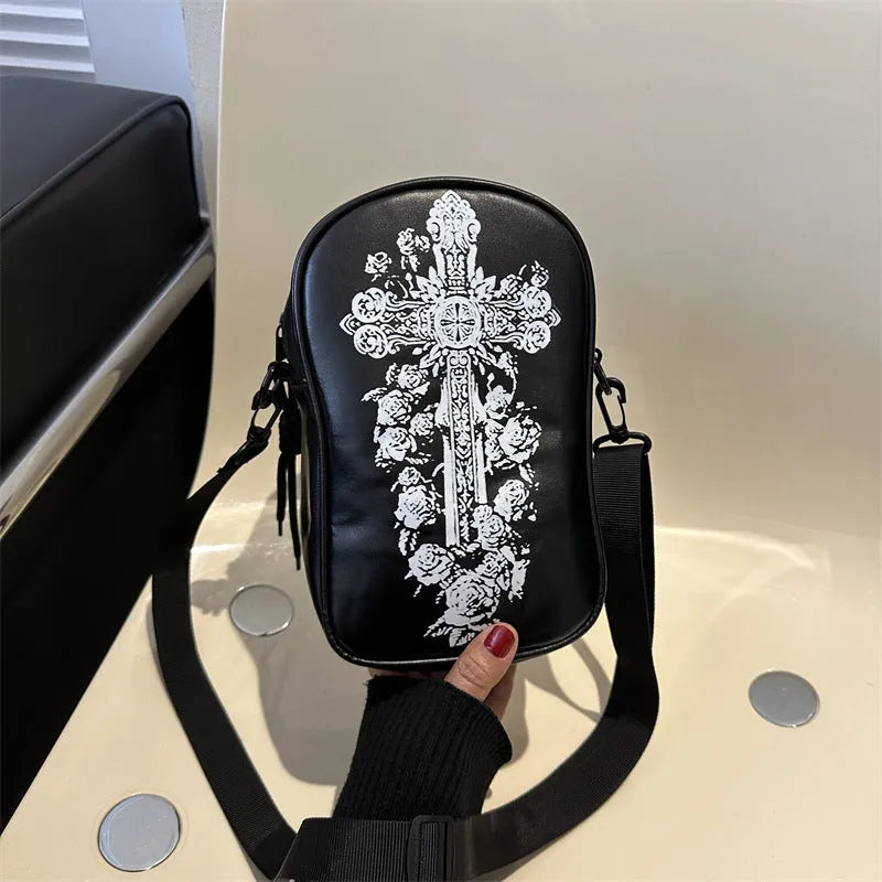 Halloween graffiti print crossbody bag with pumpkin ghost bat design in PU leather