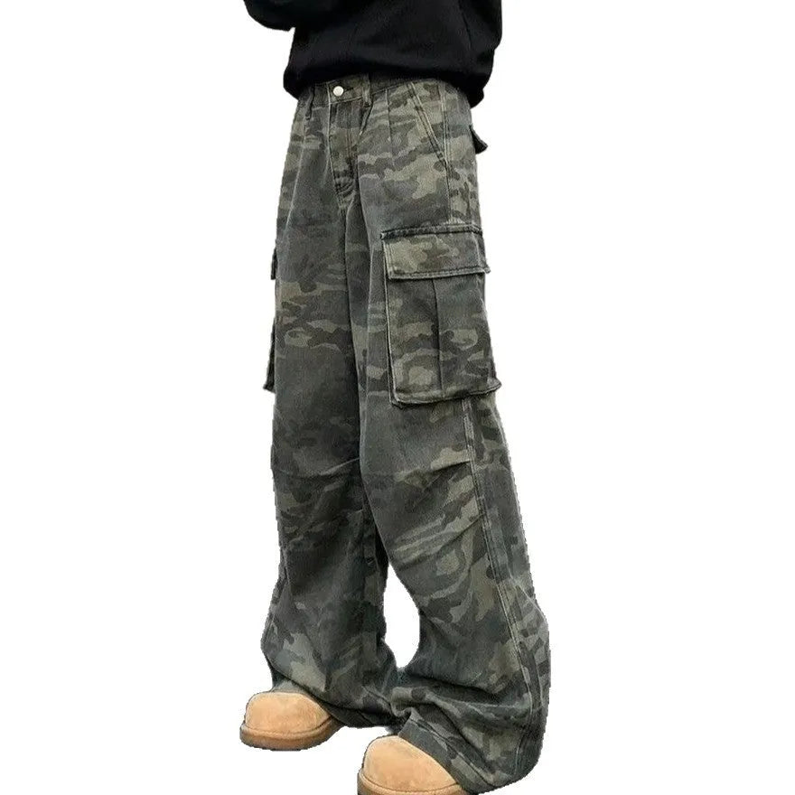 Men's cotton blend cargo trousers with multiple pockets in washed camouflage pattern