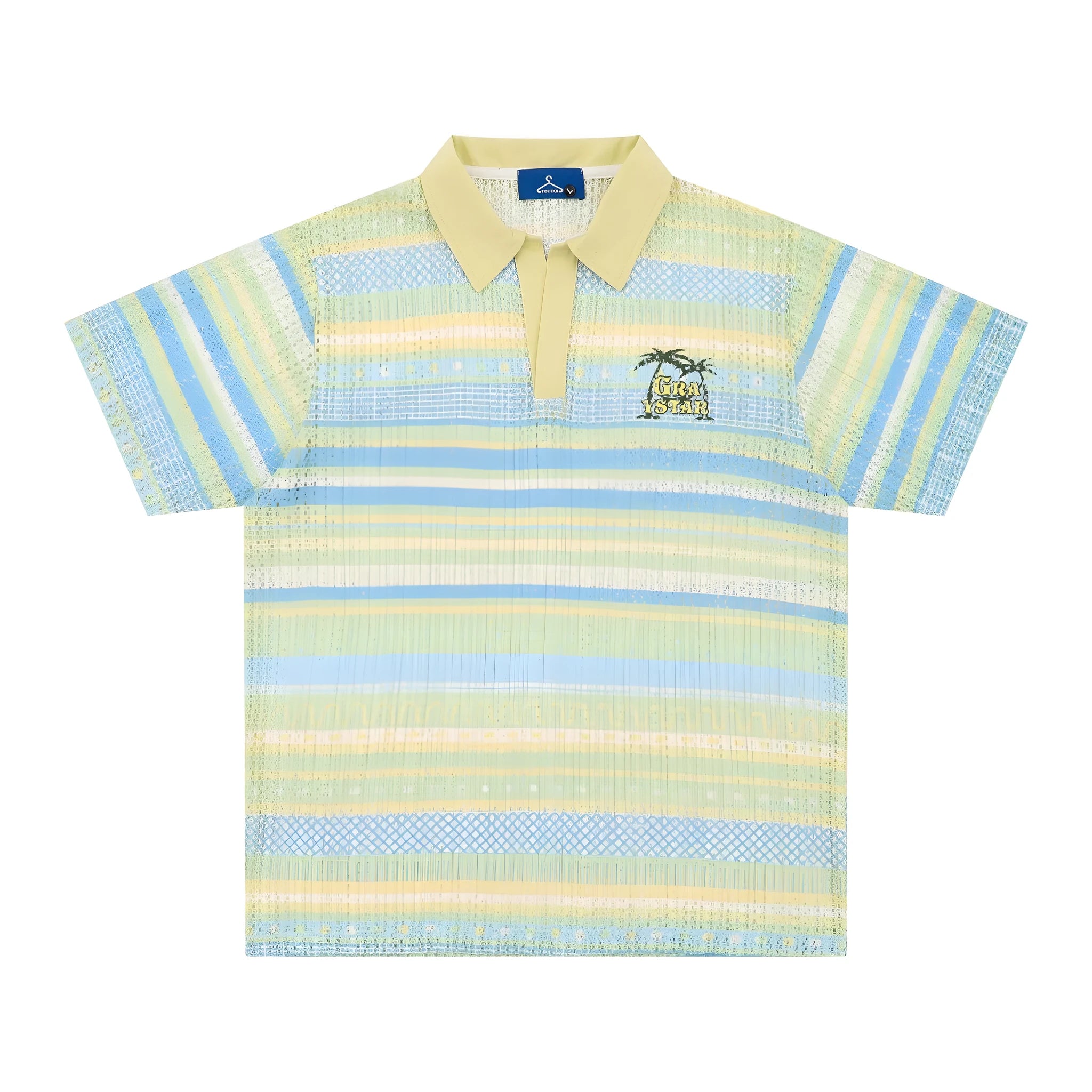 Blue or yellow printed men's short sleeve shirt with elastic band construction