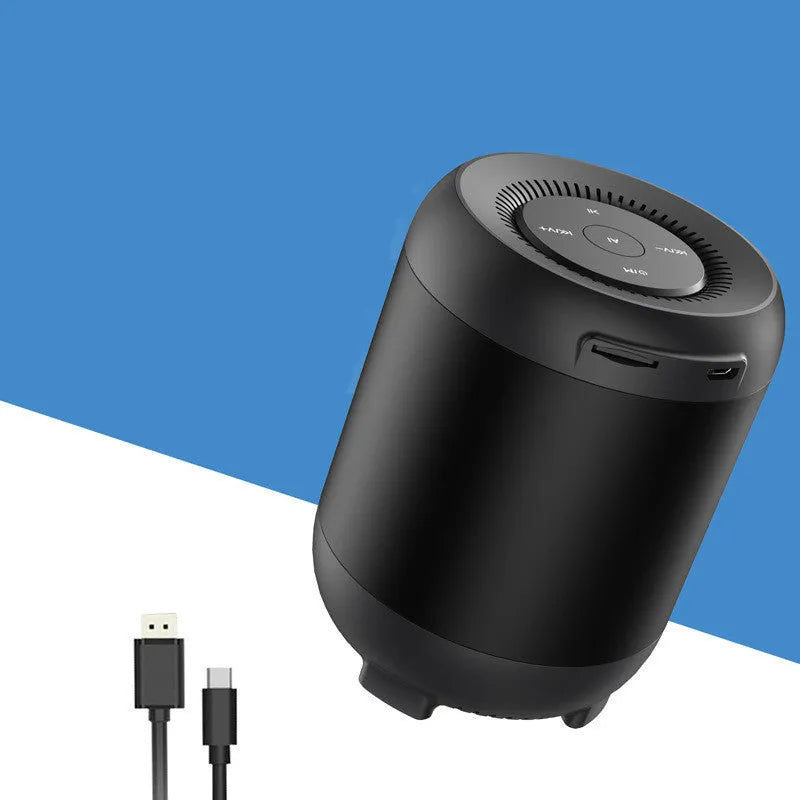Black and white Bluetooth speaker with AI voice control showing button interface