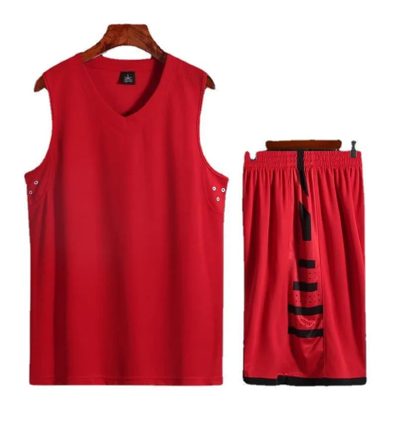 White and black polyester sports vest and matching pants set for basketball and fitness training.