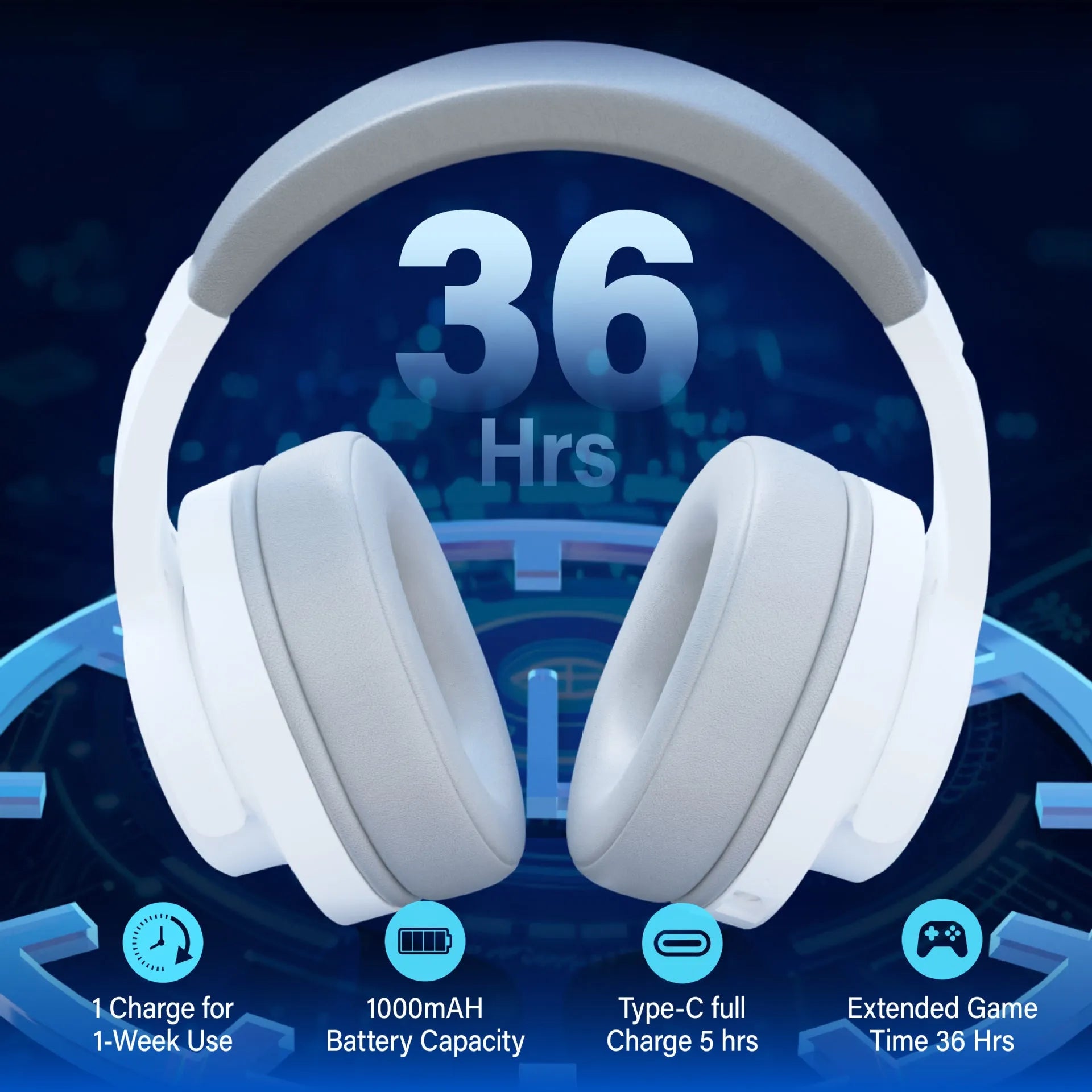 Low-latency head-mounted luminous gaming headset with 50mm speaker in white colour