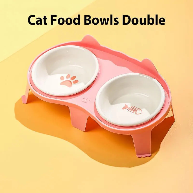 Blue elevated ceramic pet bowl set with two bowls and a stand with hook